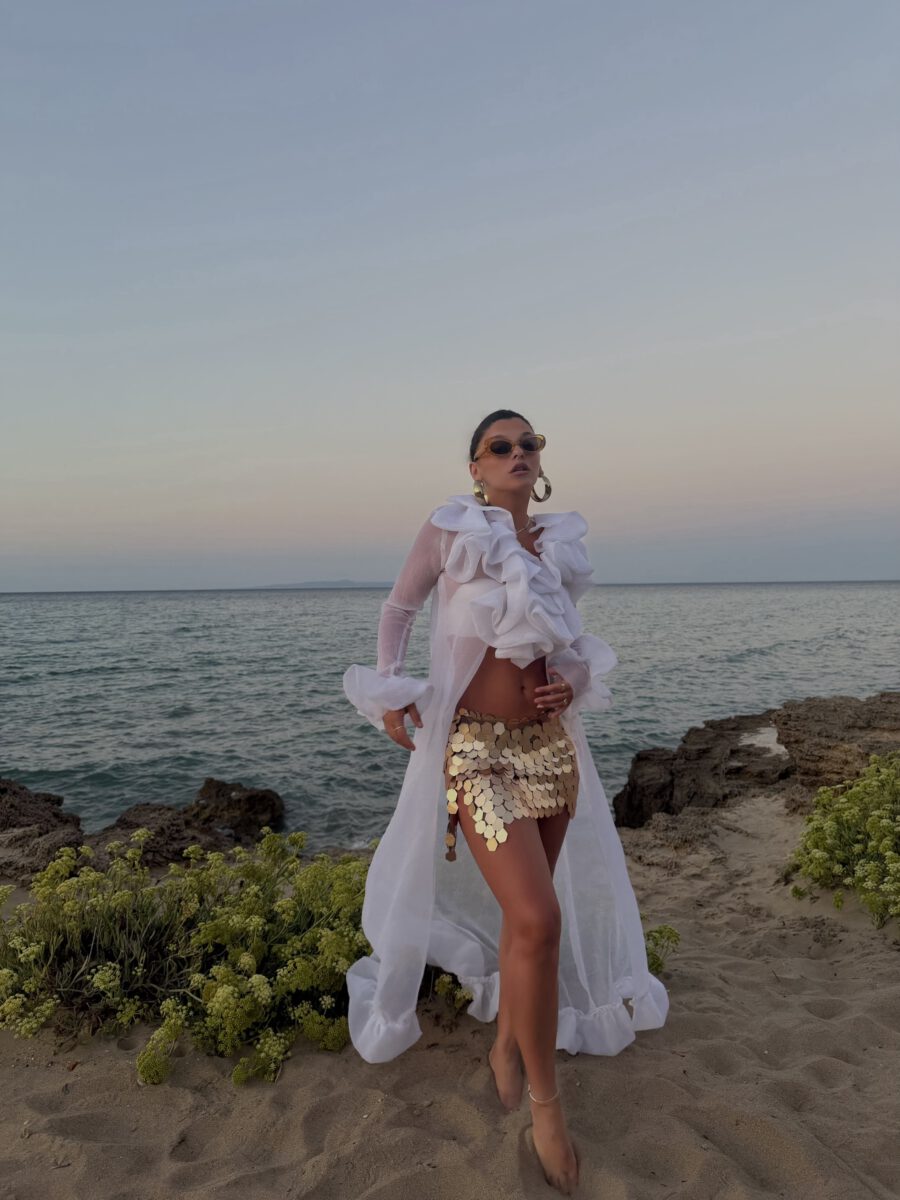 White Ruffle Sheer Shirt & Gold Sequin Skirt Set